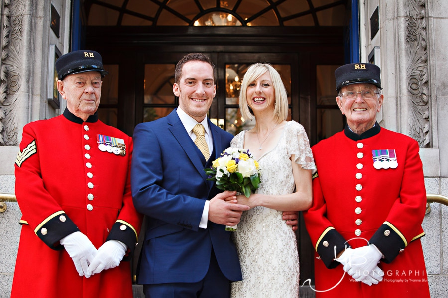 Bride and groom with Chelsea Pensioners