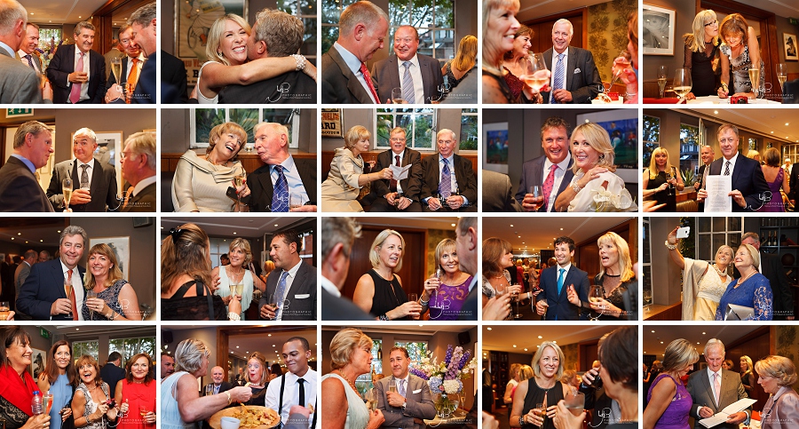 Wedding photography of guests at the reception and sipping champagne at The Bluebird. 