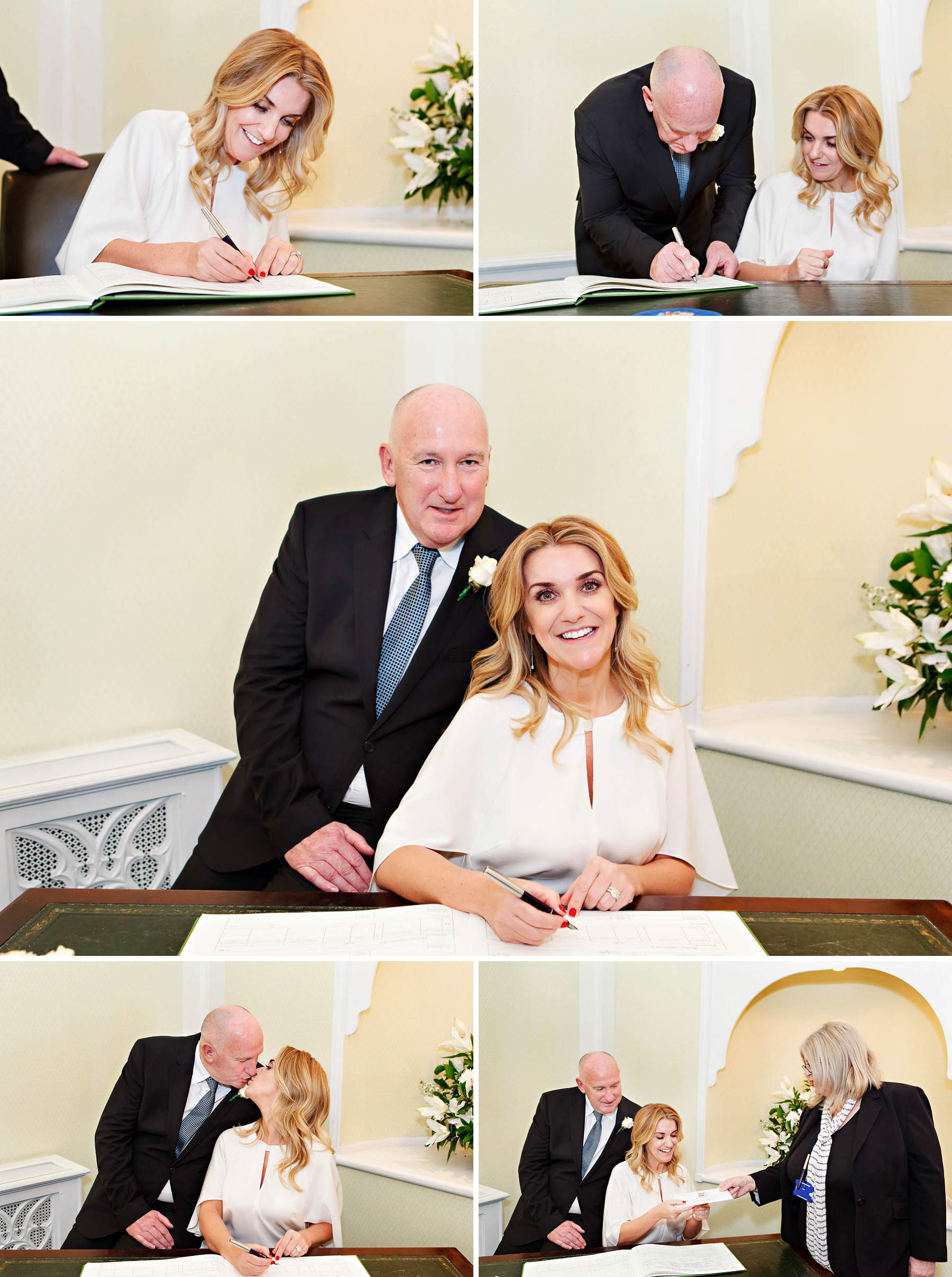 The bride and groom sign the register during their civil wedding ceremony in the Rossetti Room at Kensington and Chelsea Register Office