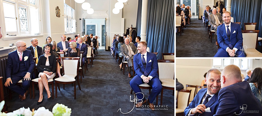 The groom awaits his bride before the wedding ceremony in the Mayfair Room at Mayfair Library