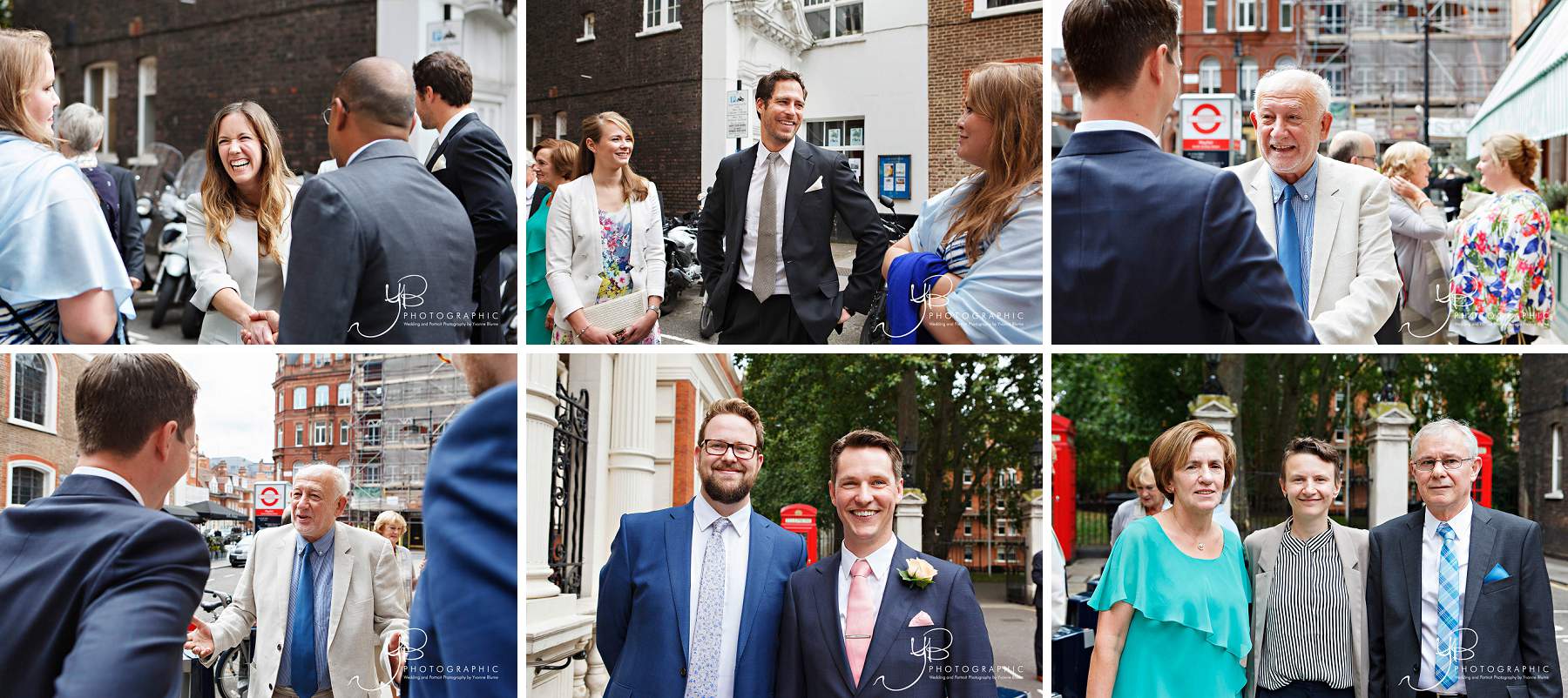 The groom and guests mingle outside Mayfair Library ahead of the wedding