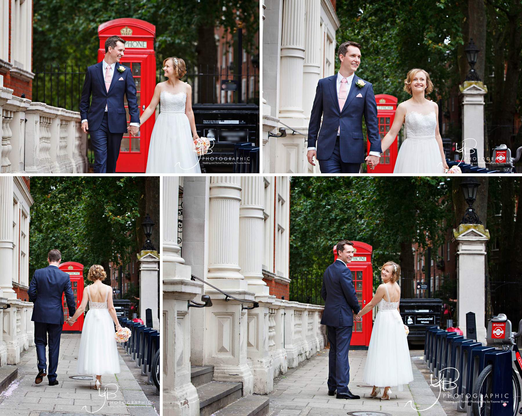 Bride and Groom portraits at Mayfair Library, featuring red London phonebox