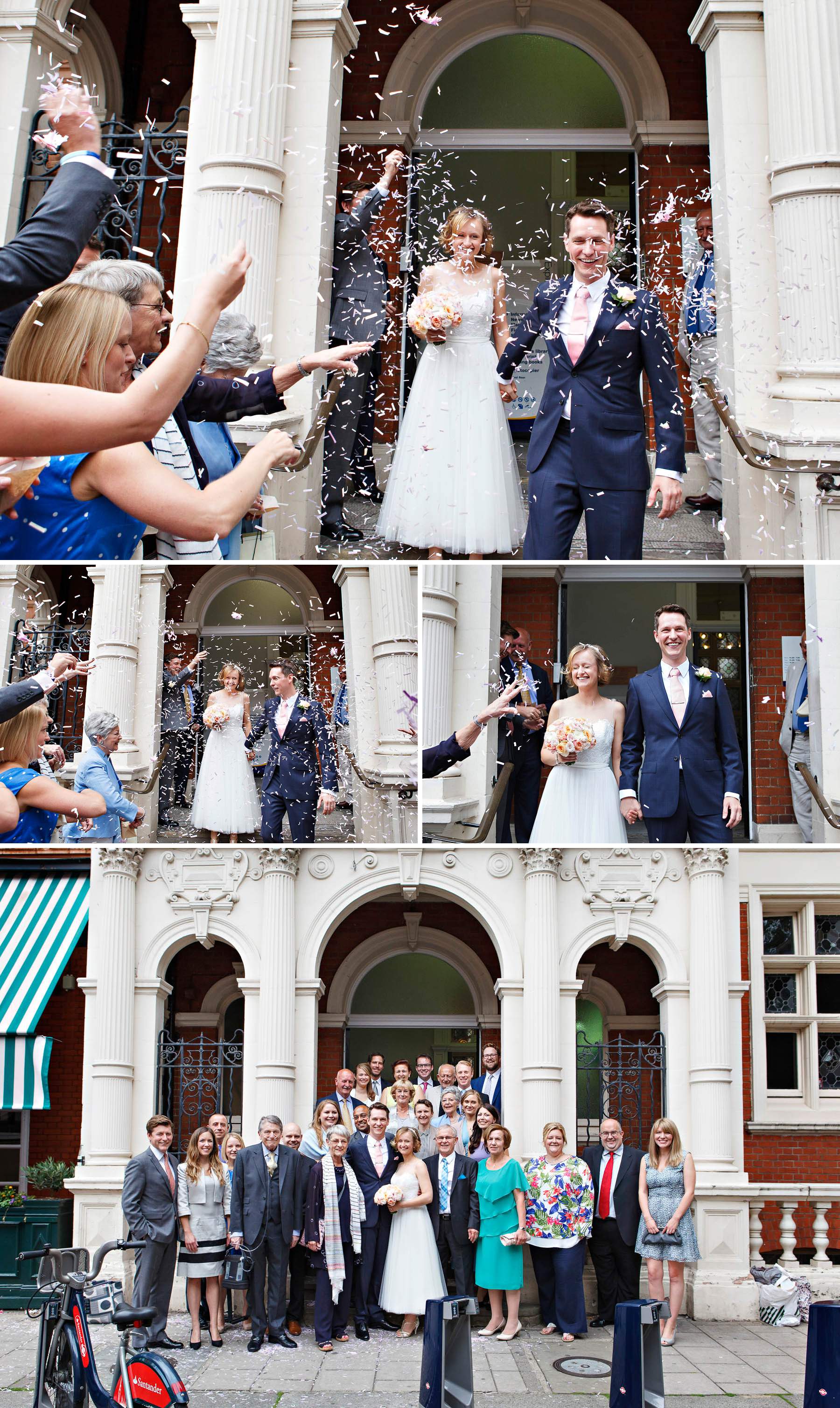 Confetti throw and big family group photograph on the steps of Mayfair Library