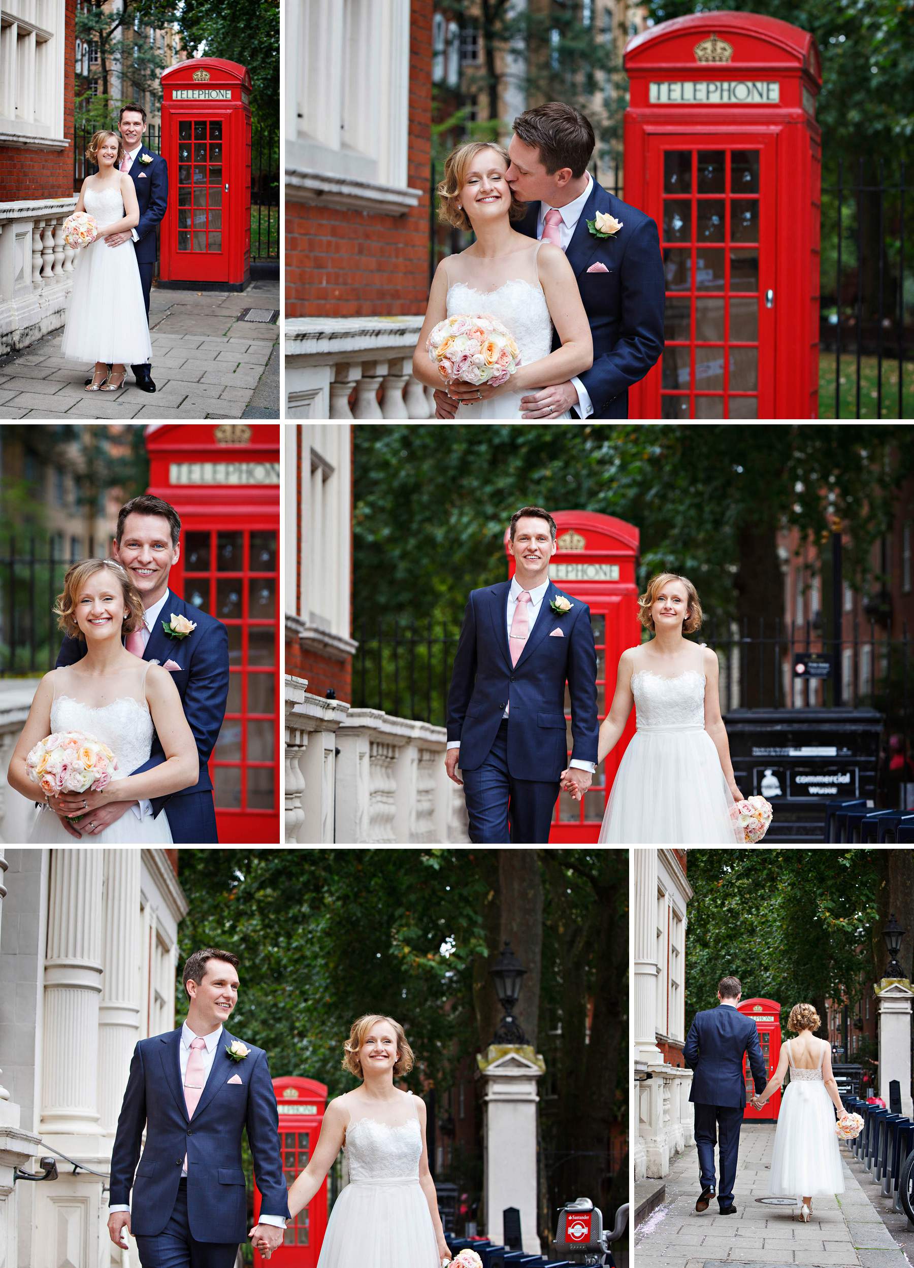 Mayfair wedding photos featuring classic red London phone booth