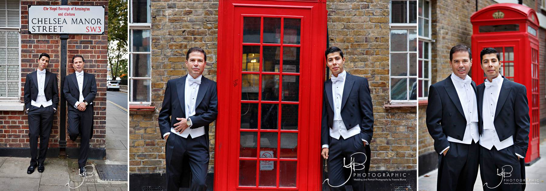 Wedding portraits of two grooms on Chelsea Manor Street in SW3 before their civil ceremony. 