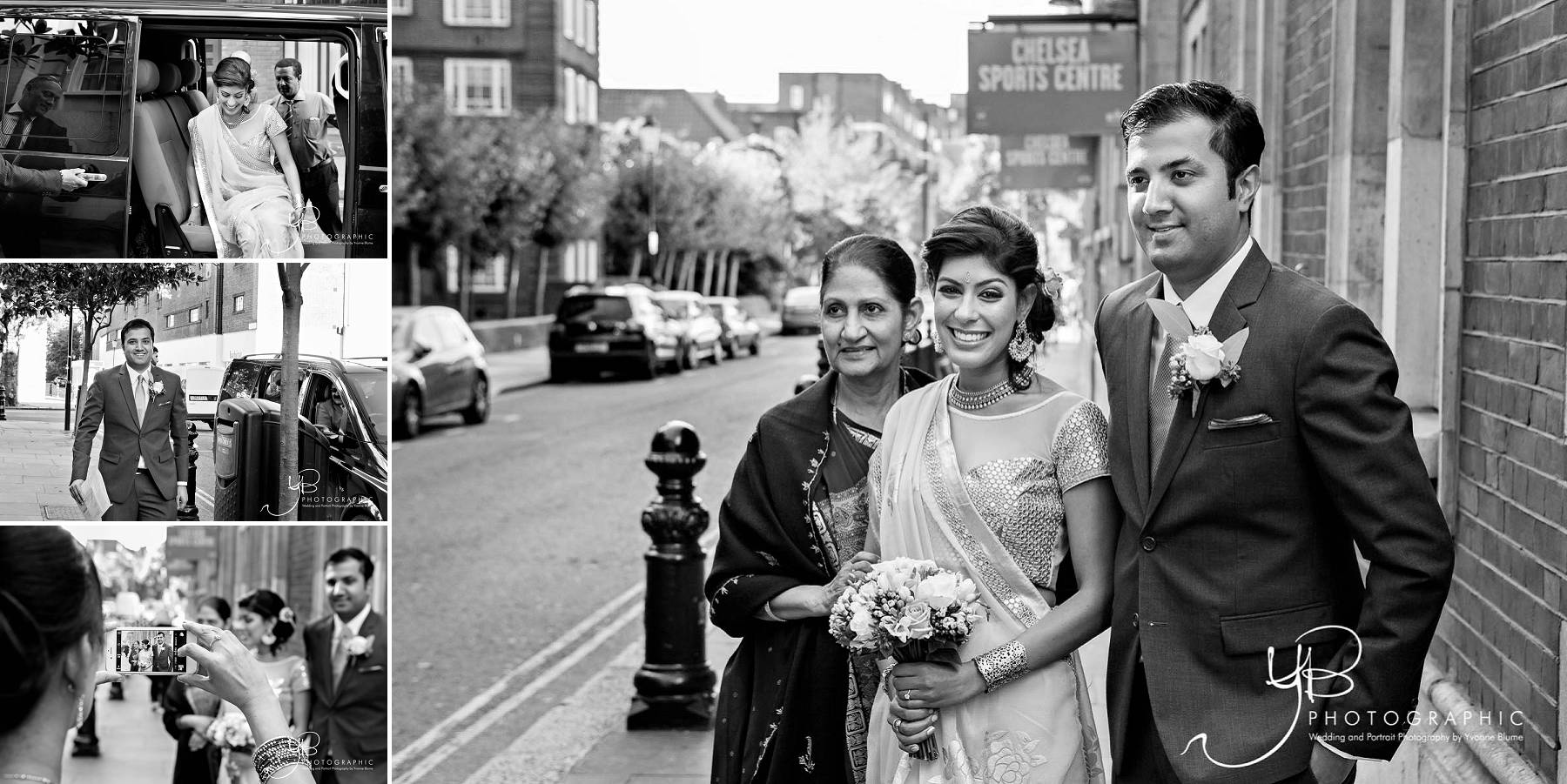 Asian bride and groom arrive at Chelsea Register Office