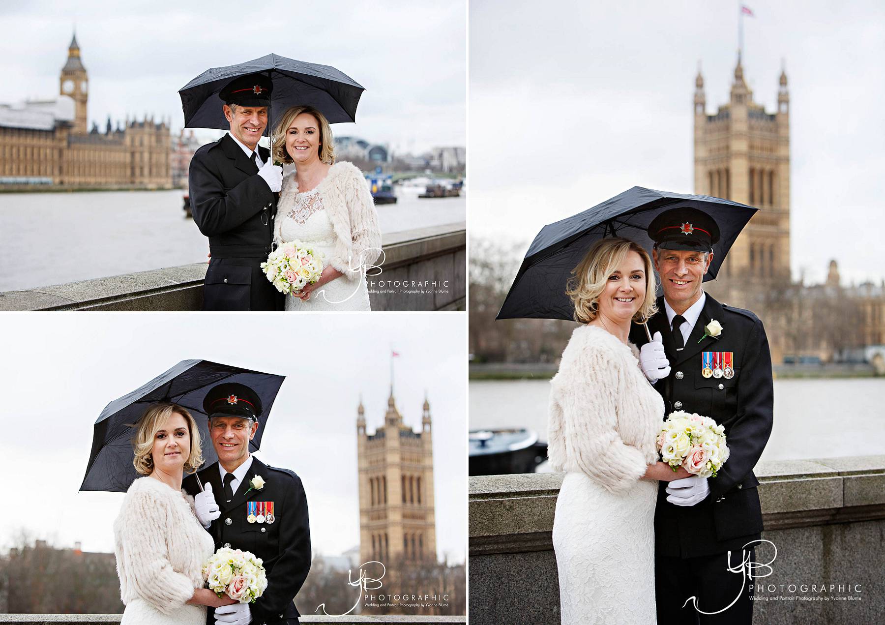 Bride and groom in the rain at Westminster and the Houses of Parliament