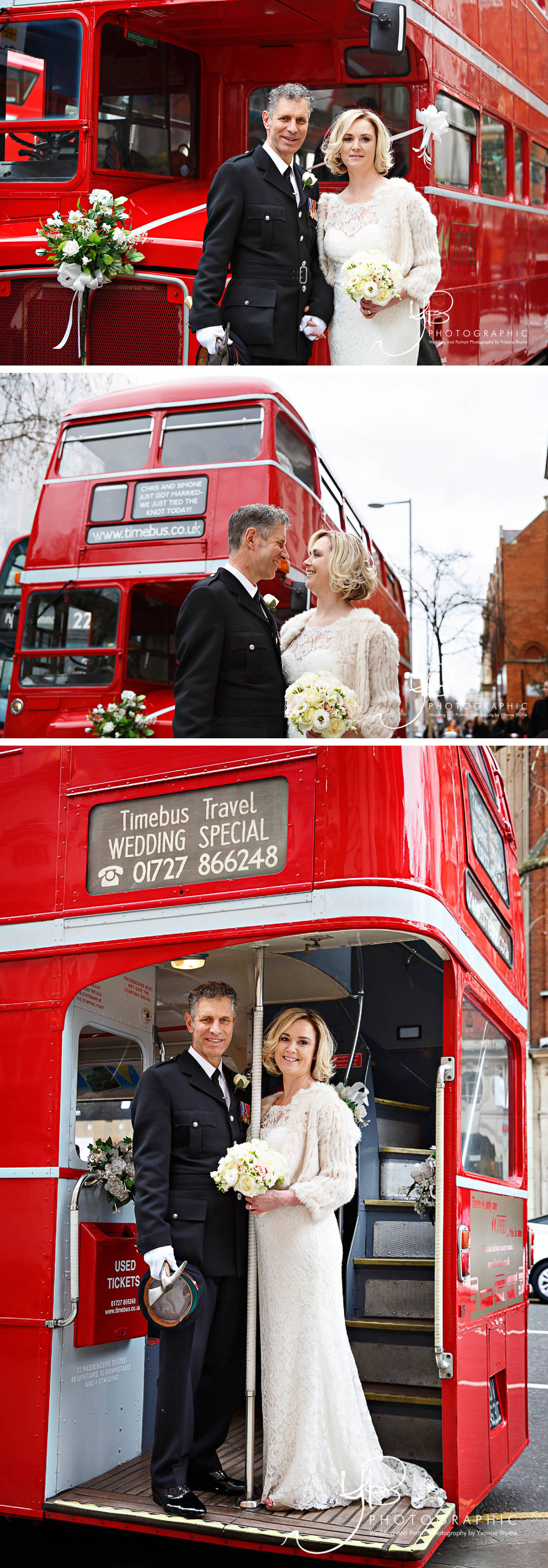 This wedding couple at Chelsea Register Office booked a classic London Routemaster Bus to take them to their wedding reception.