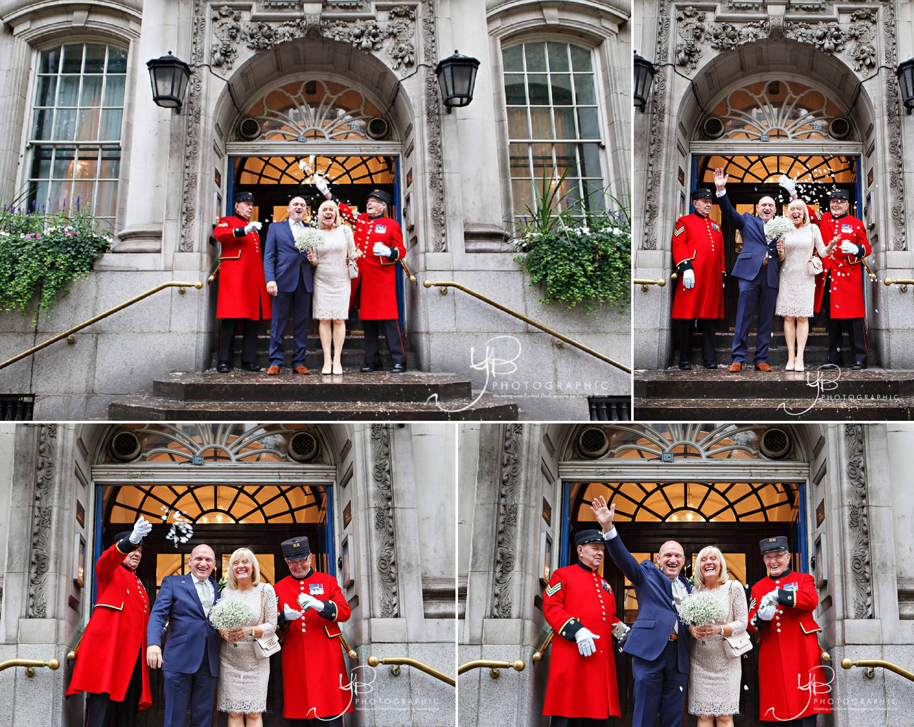 Two Chelsea Pensioners throw confetti over an eloping couple on the steps of Chelsea Register Office on the Kings Road. 