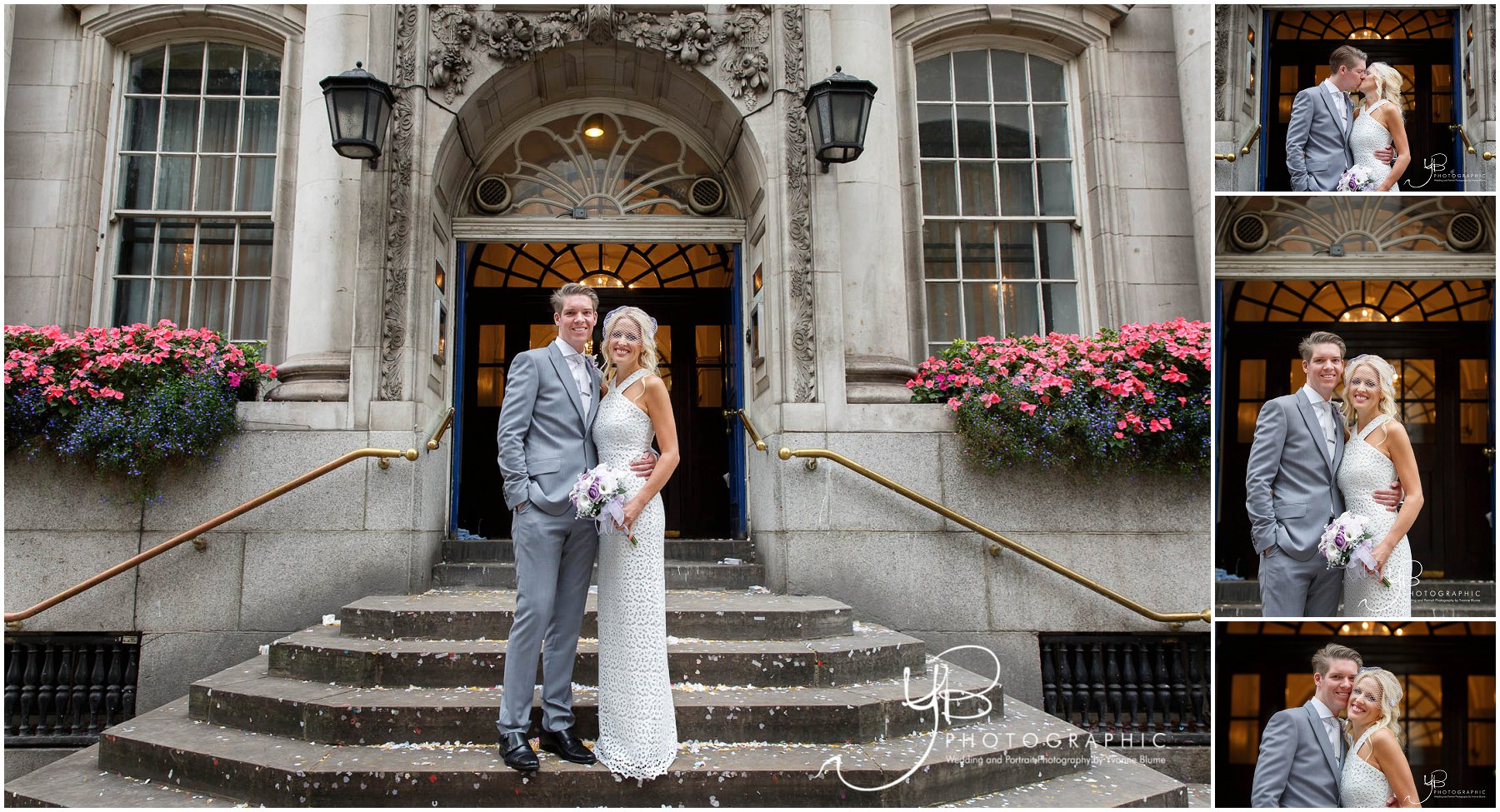 Chelsea Wedding Photographer YBPHOTOGRAPHIC captures bride and groom portraits on the famous register office steps