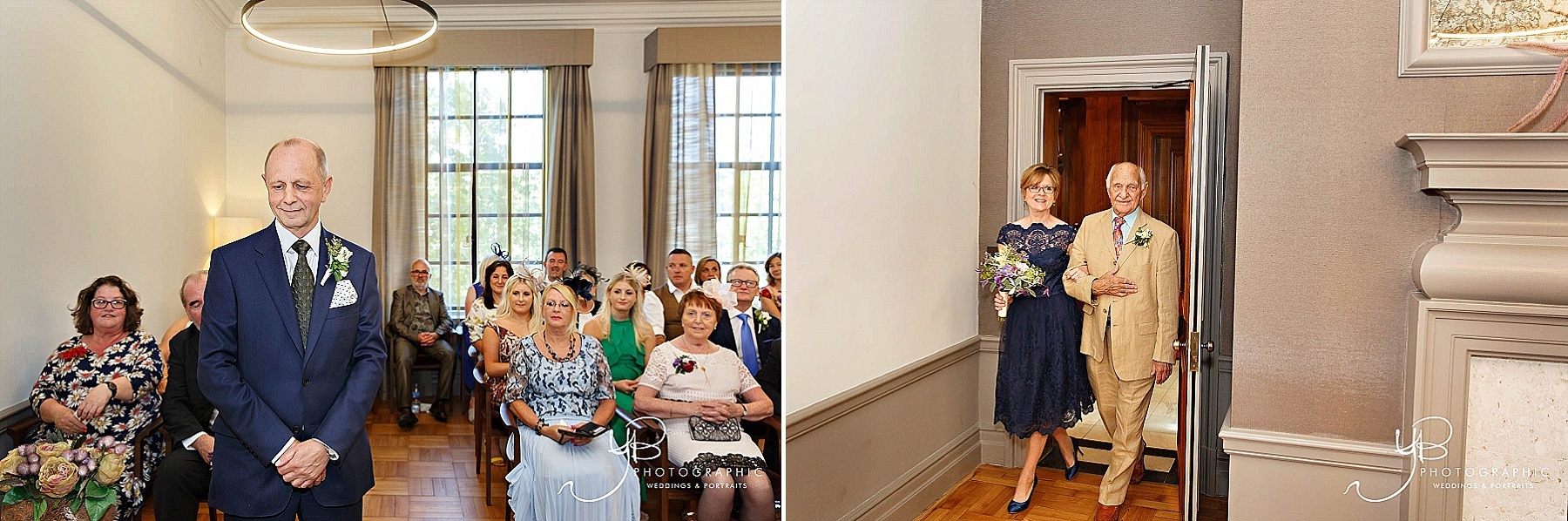 Bride Christine wears a navy lace dress for her Mayfair Room wedding to Ray in front of family and friends. 