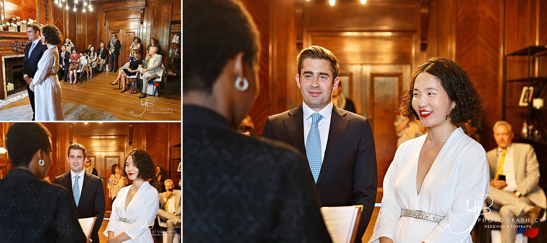 Family and friends witness the civil marriage ceremony of Janie and Jonathan in the wood-panelled Marylebone Room 