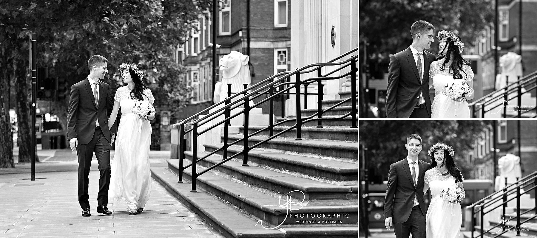 A bride and groom walk along Marylebone Road, after their wedding in the Soho Room.