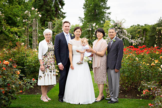 Wedding photos in Regents Park with a family group of three generations.