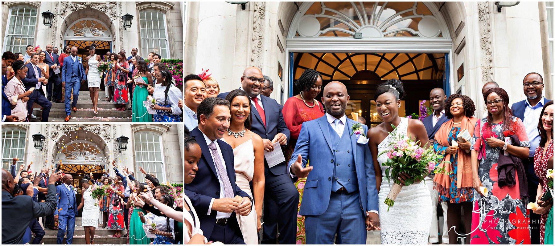 nothing but joy as the bride and groom are received by their guests on the steps of the iconic Chelea Old Town Hall to celebrate the end of the marriage ceremony