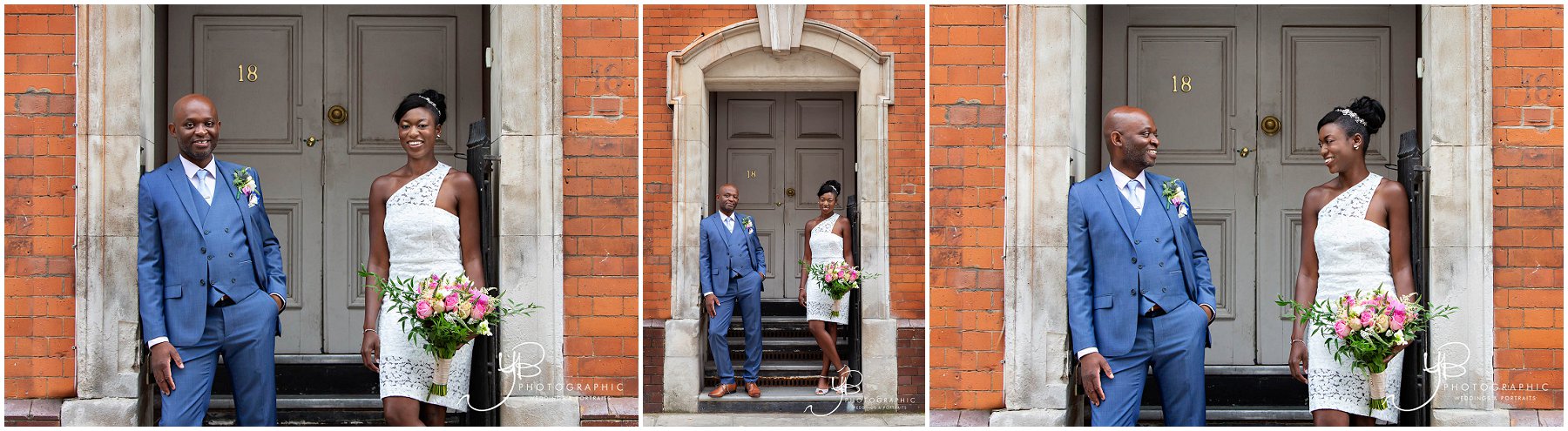 The bride and groom utilise the fabulous Chelsea architecture for their wedding portraits.