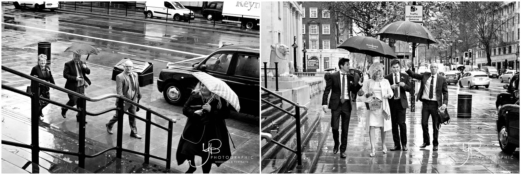 Wedding guest arrive in the rain for this Marylebone Old Town Hall Civil Wedding