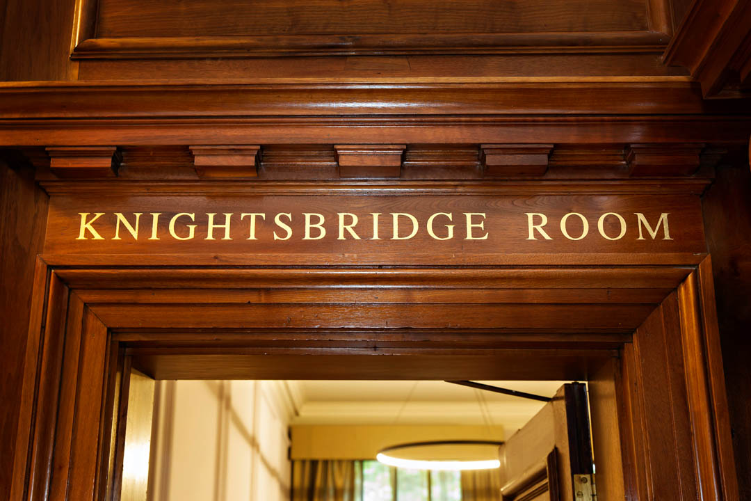 A photograph showing the gold leafed writing above the Knightsbridge room