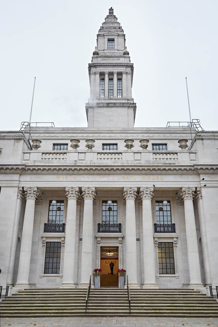 A vertical scene-setting image of The Old Marylebone Town Hall, home to Westminster Register Office weddings.